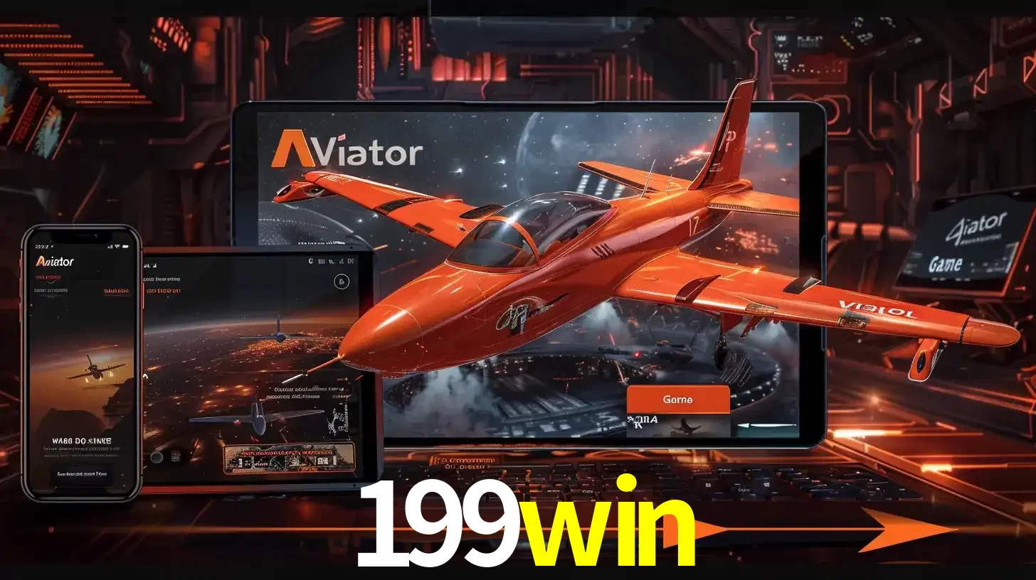 Apresentação tecnológica do jogo Aviator com um avião saindo da tela de um tablet, demonstrando a experiência imersiva em múltiplos dispositivos no 199win.