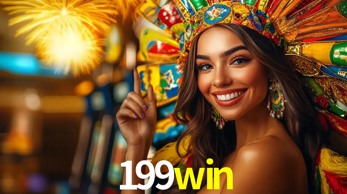 Mulher sorridente com um cocar de carnaval vibrante e colorido, celebrando uma grande vitória nos jogos do cassino 199win com fogos de artifício ao fundo.