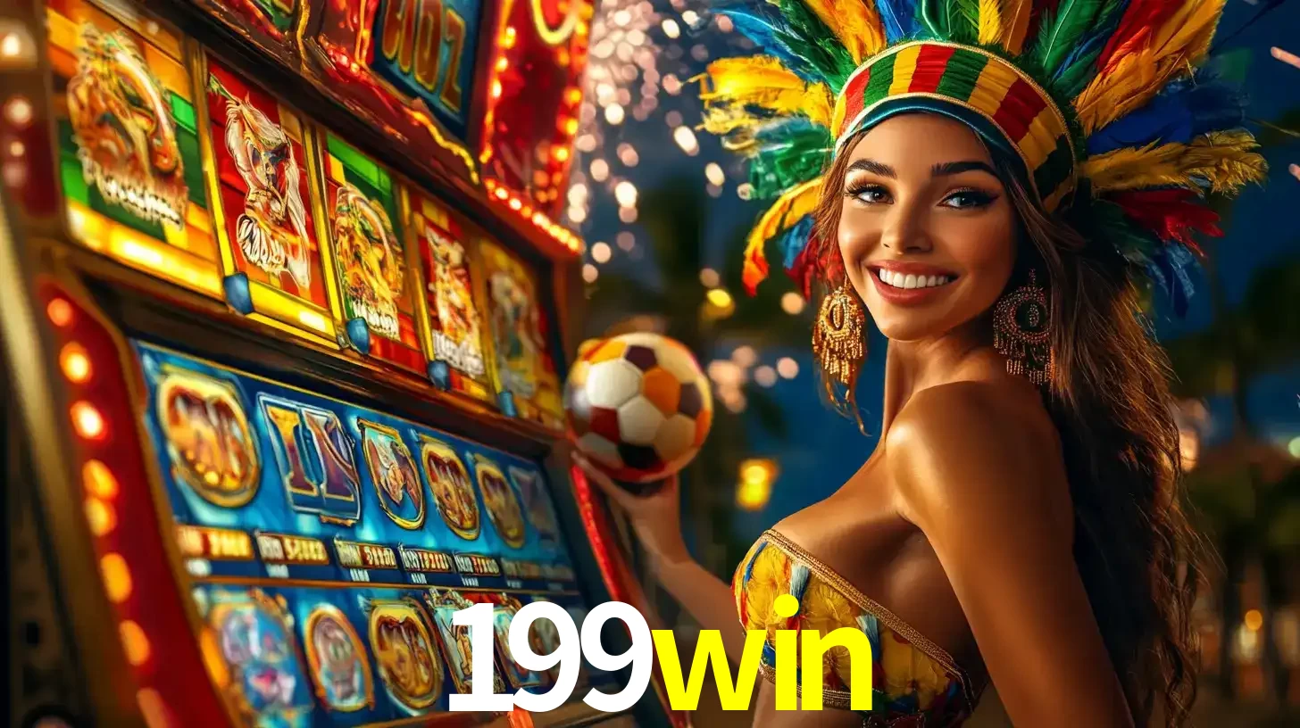 Mulher com um cocar de carnaval ao lado de uma máquina de caça-níqueis enquanto segura uma bola de futebol, mostrando a união da diversão de cassino e esportes no 199win.