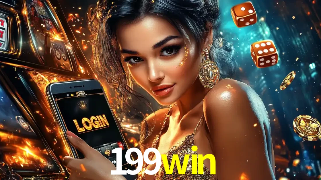 Mulher glamourosa segurando um celular com a tela de login do cassino 199win, rodeada por dados e moedas douradas, pronta para começar a diversão.