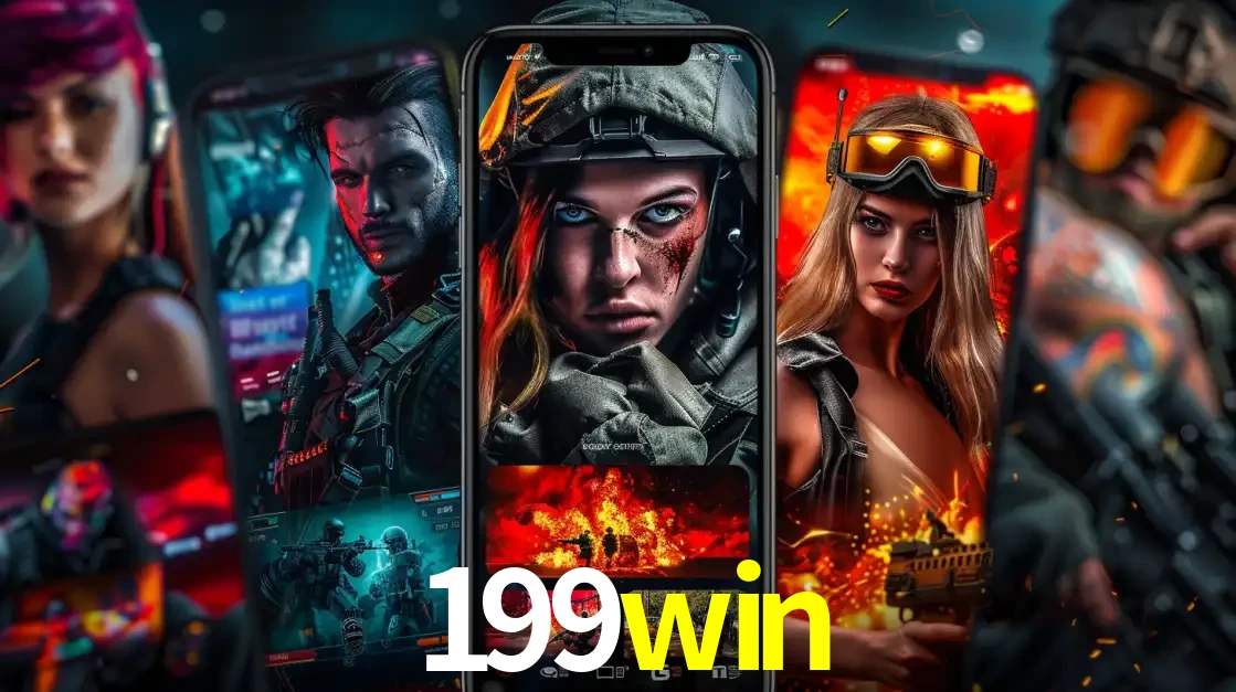 Montagem de telas de celular mostrando diversos personagens, masculinos e femininos, de um jogo de tiro, ilustrando a diversidade de equipes de e-sports para apostar no 199win.