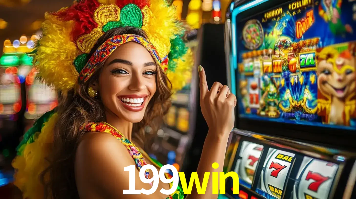 Mulher animada com um cocar de carnaval apontando para uma máquina de caça-níqueis, mostrando a emoção de ganhar um grande prêmio nos jogos do 199win.