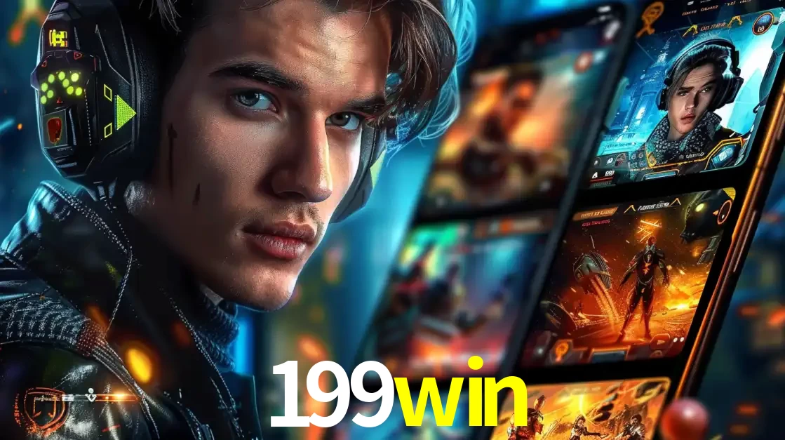 Jovem jogador com fones de ouvido olhando para a câmera, com um aplicativo de jogos e e-sports para celular ao fundo, pronto para a competição e apostas no 199win.