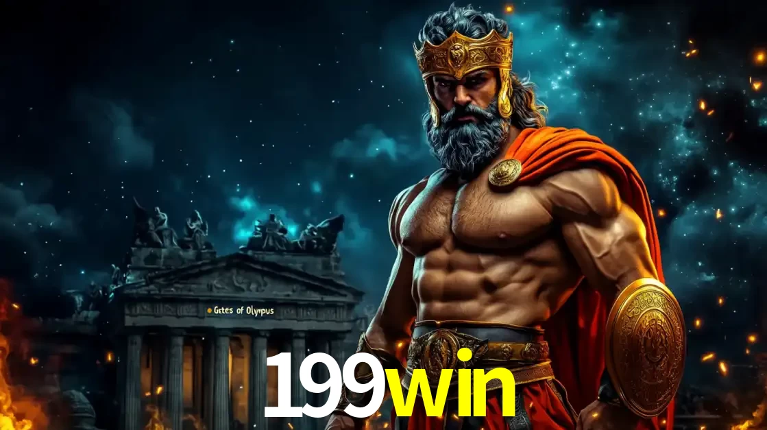 O poderoso Zeus do jogo de slot Gates of Olympus em frente ao seu templo, pronto para lançar multiplicadores divinos e prêmios épicos no cassino online 199win.