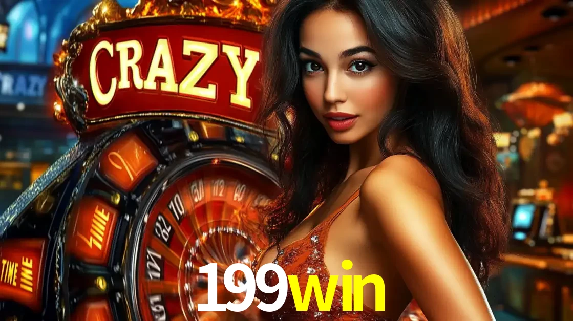 Mulher glamourosa olhando para a câmera com a roda vermelha do Crazy Time ao fundo em um ambiente de cassino, destacando a emoção dos jogos ao vivo no 199win.