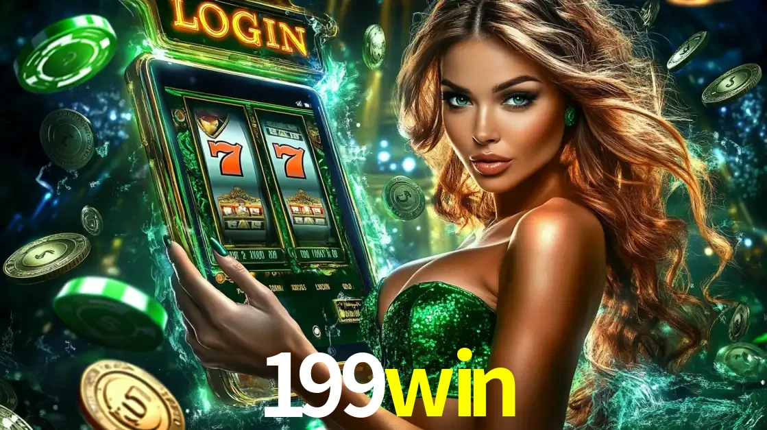 Mulher com tema verde apresentando o aplicativo do cassino 199win com um jogo de slot de 777, cercada por fichas de cassino e uma aura de sorte.