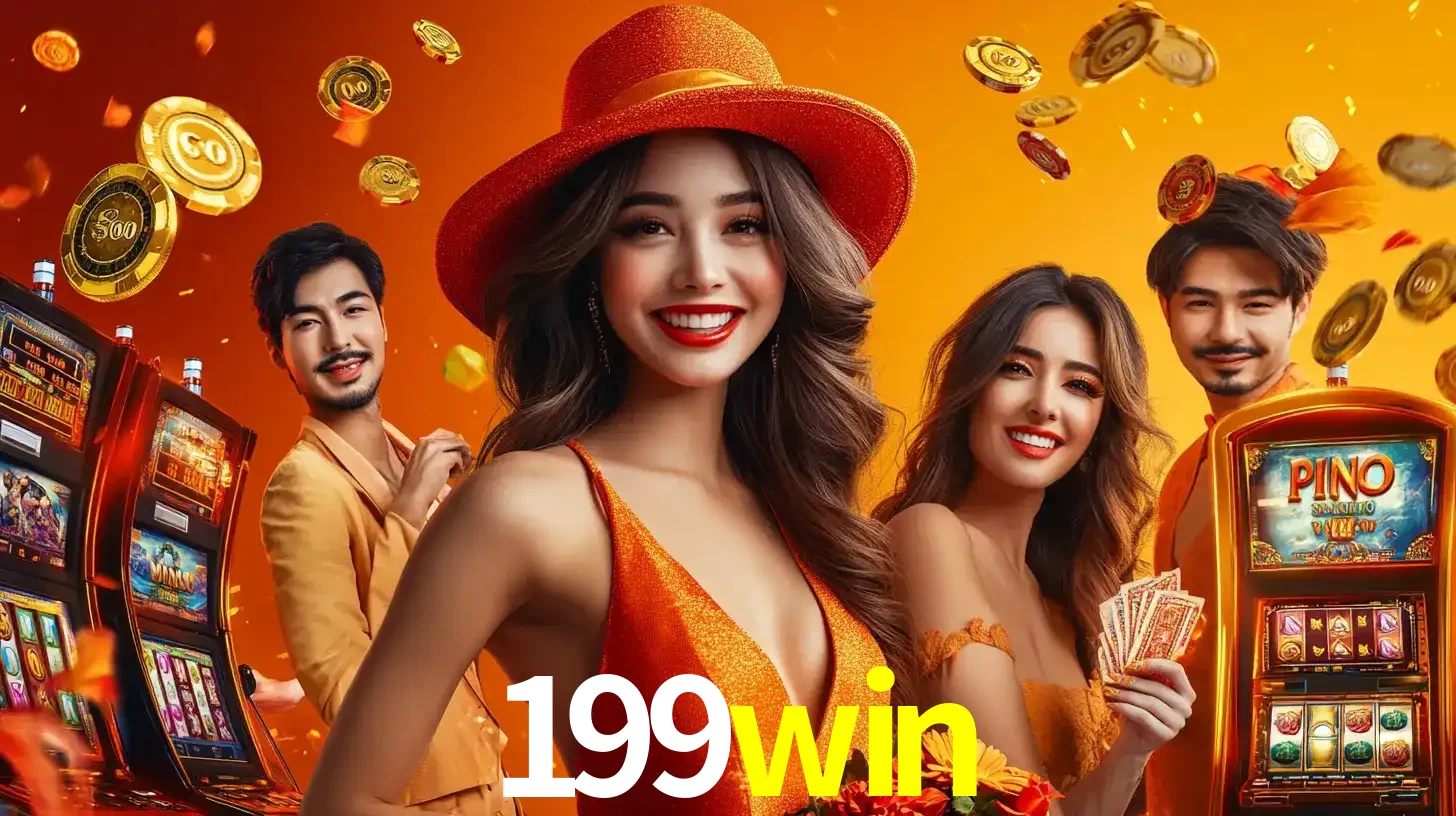 Grupo de amigos asiáticos sorrindo e se divertindo com máquinas de caça-níqueis em um ambiente festivo, celebrando suas vitórias nos jogos de cassino do 199win.