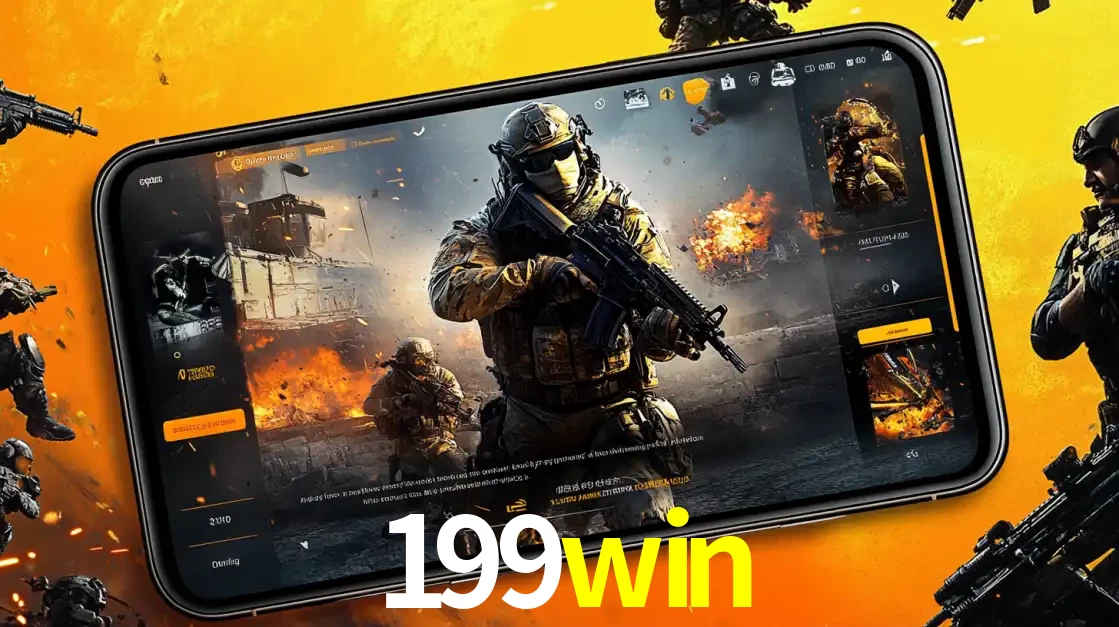 Um smartphone exibindo a interface de um jogo de tiro em primeira pessoa, com um soldado em um cenário de batalha, representando a ação dos e-sports para apostar no 199win.
