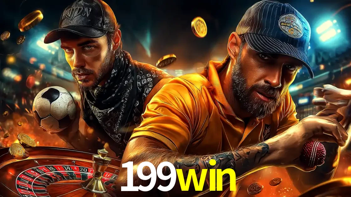 Montagem de apostas esportivas e cassino no 199win, com um homem segurando uma bola de futebol e outro uma de beisebol sobre uma roleta e moedas voadoras.