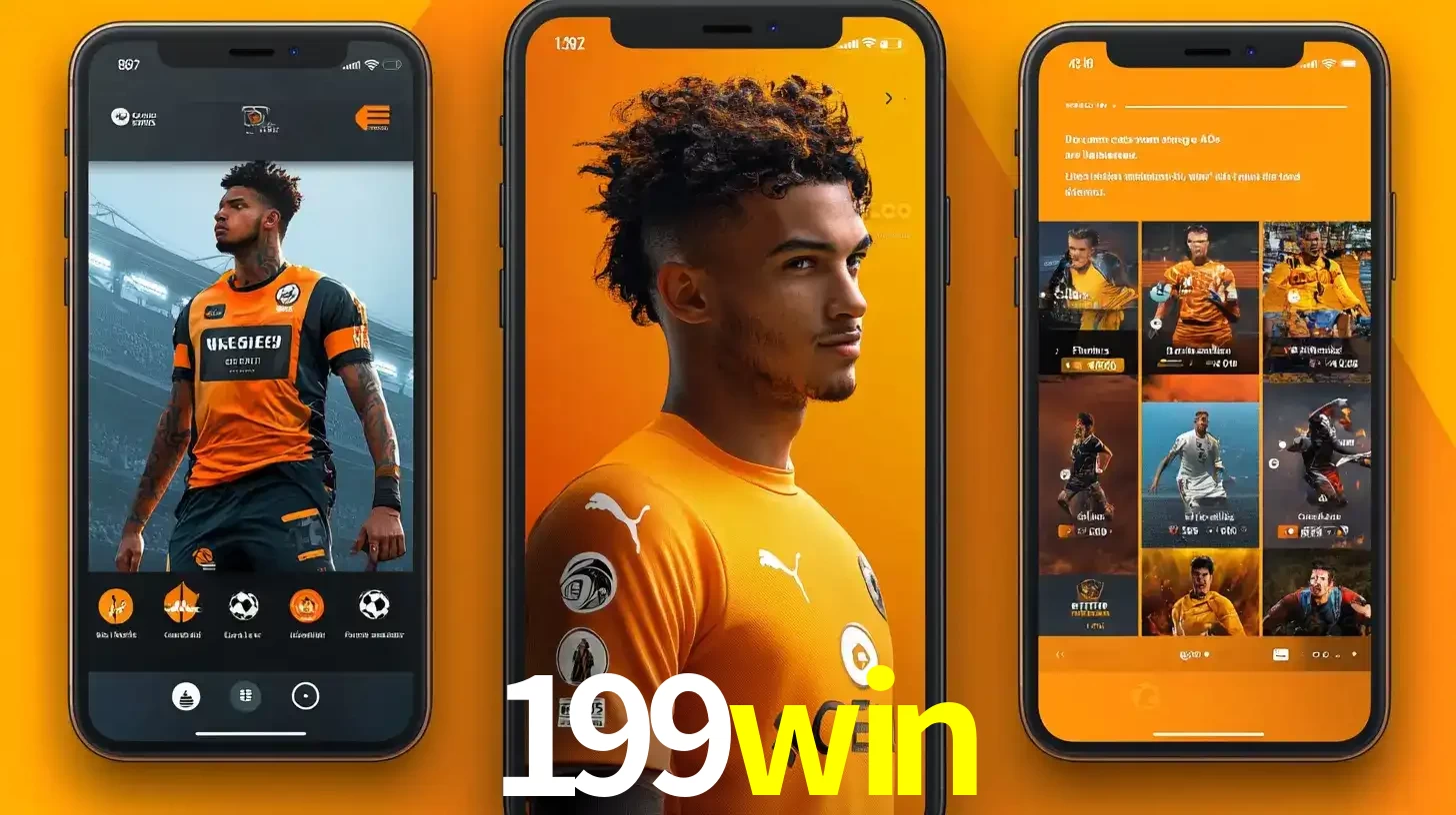 Interface do aplicativo de apostas esportivas 199win em três telas de celular, mostrando o perfil de um jogador de futebol e a lista de jogos disponíveis para apostar.