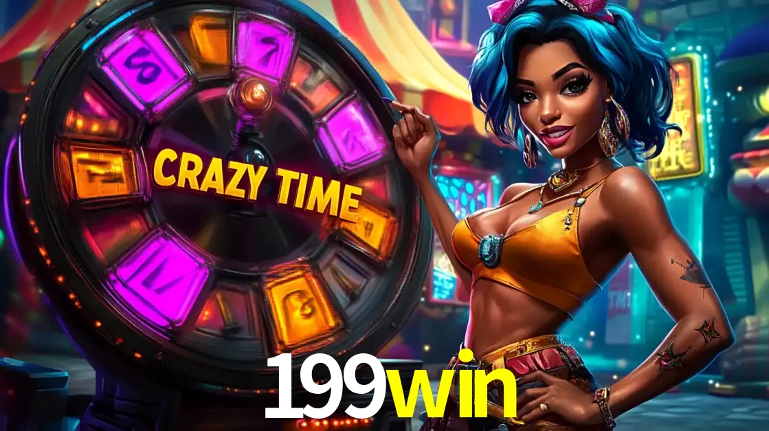 Mulher estilizada com cabelo azul e visual vibrante posando ao lado da roda de prêmios do game show Crazy Time, convidando para a diversão e os bônus do cassino 199win.