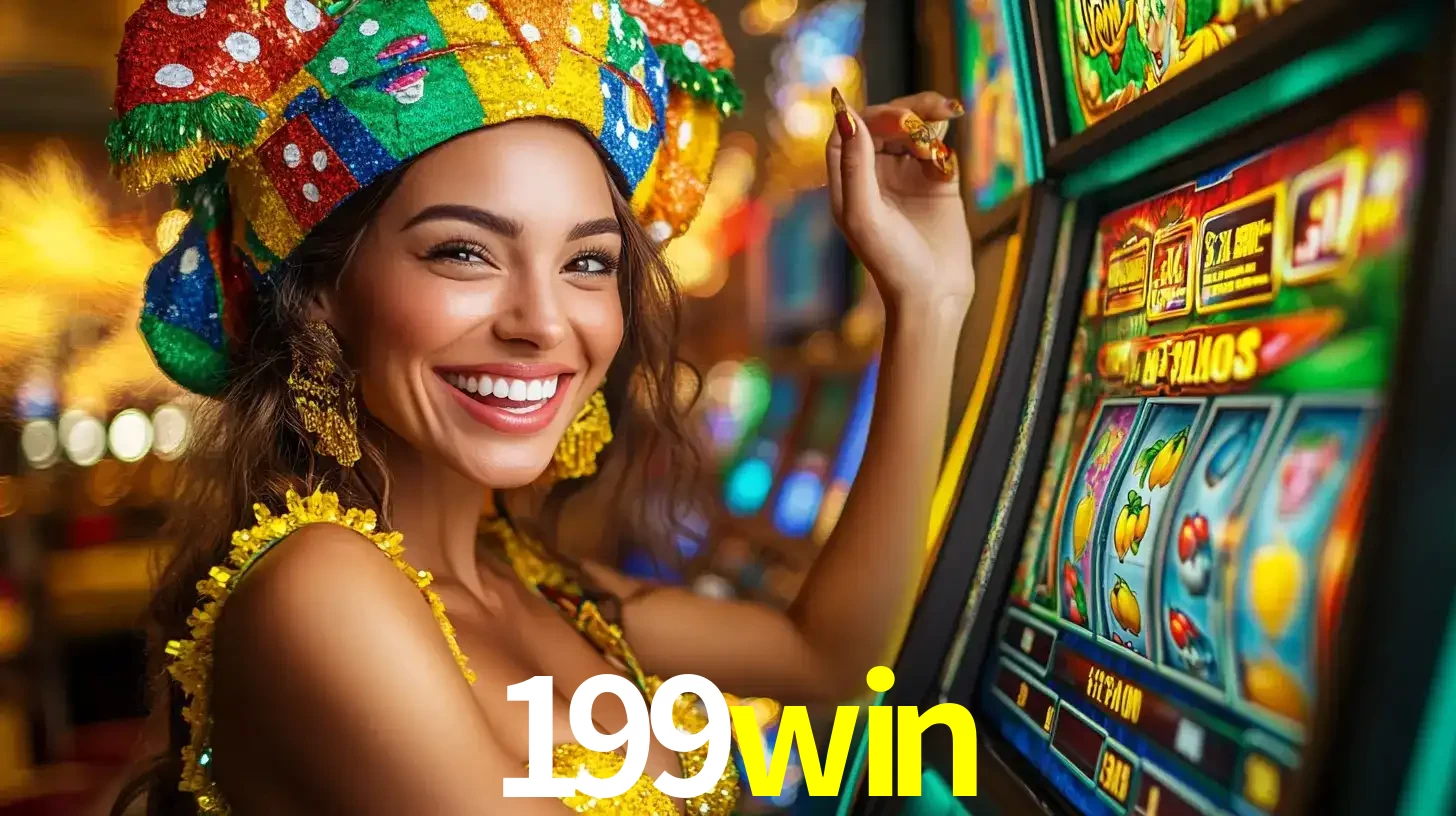 Mulher feliz com traje de carnaval amarelo e colorido ao lado de uma máquina de caça-níqueis, aproveitando a diversão e os jogos temáticos do cassino 199win.
