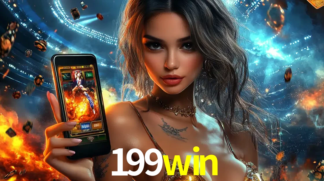 Mulher segurando um celular com um jogo de slot em destaque, tendo como fundo um estádio vibrante, simbolizando a emoção de jogar no cassino móvel 199win.