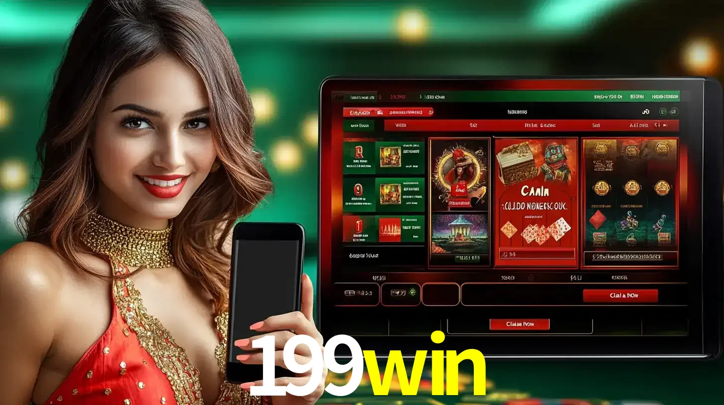 Mulher sorridente segurando um smartphone, ao lado de uma tela exibindo o lobby de jogos do cassino online 199win, com várias opções de jogos de cartas e slots.